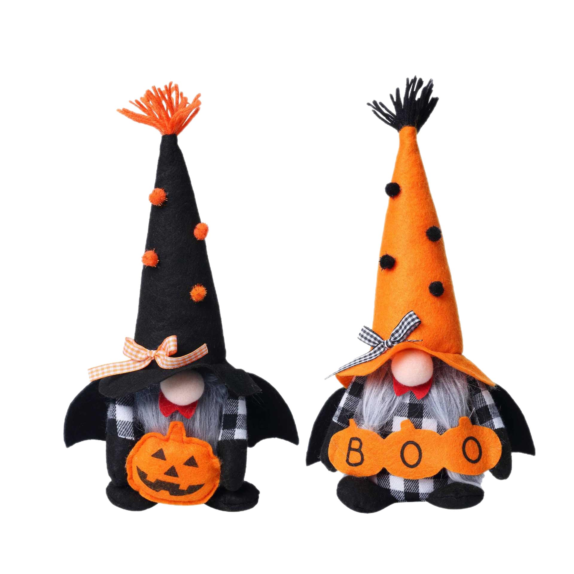 Gnomes d'Halloween en peluche couleurs orange et noir intenses avec base stable pour plateau