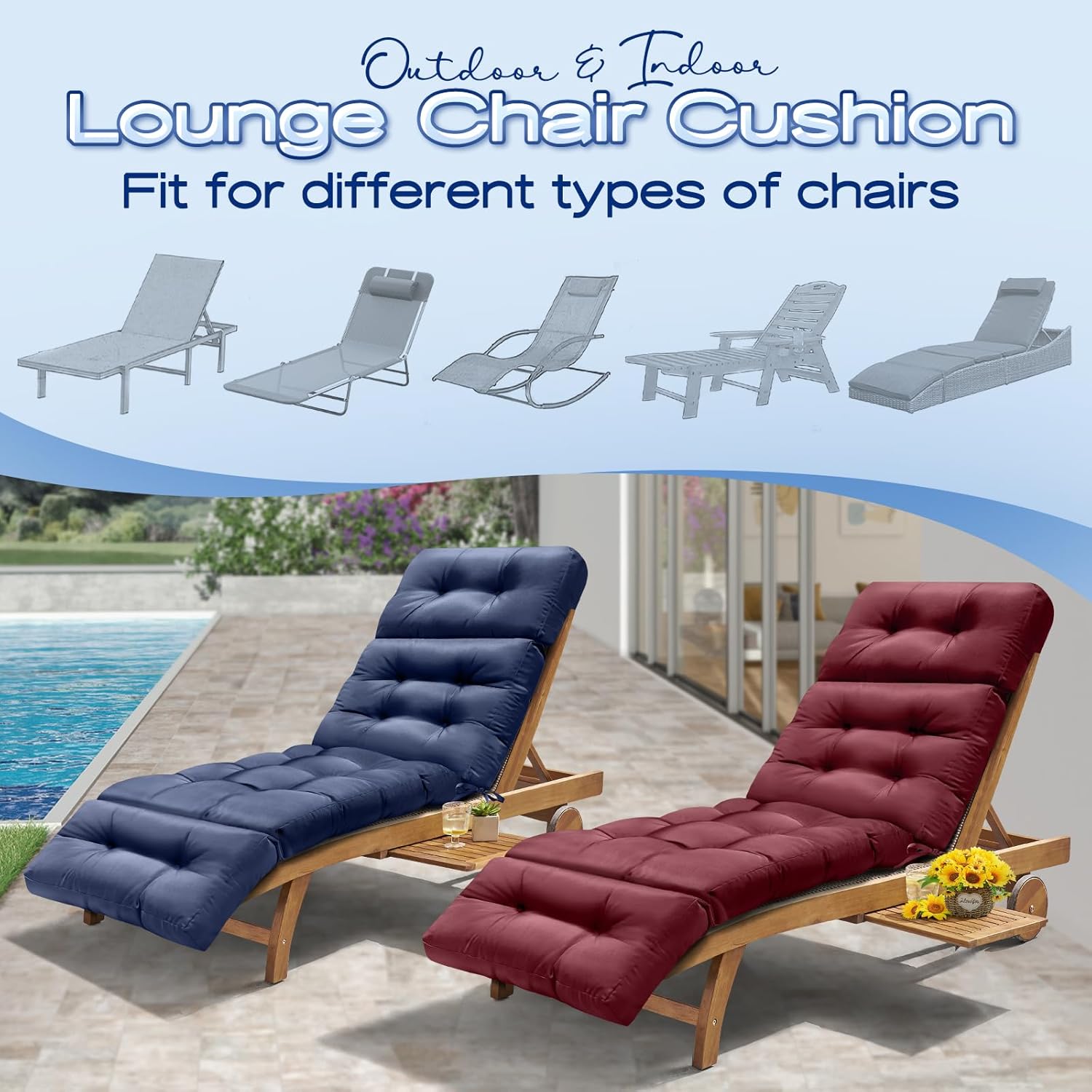 1 MIDDLE ONE Chaise Lounge Cushion Outdoor/Indoor, Memory Foam Lounge Chair Cushion for Outdoor Furniture, Water-Resistant Replacement Cushions for Patio Pool Lounge Chair, 74 x 22 x 4 Inch (Red)