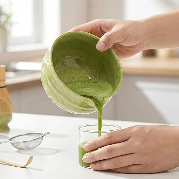 7pcs Matcha Set, Matcha Whisk Set - Matcha Whisk Bamboo, Whisk Holder, Matcha Bowl with Pouring Spout, Scoop, Sifter, Absorbent Cloth - Japanese Tea Ceremony Set for Home Use or as a Gift, Green