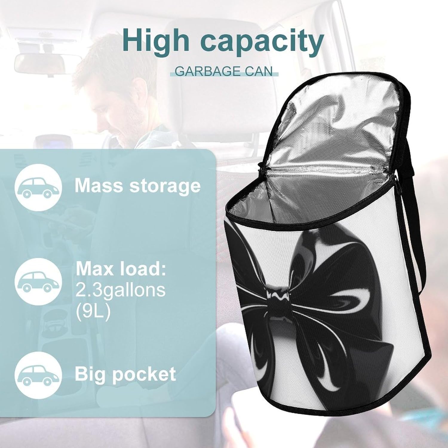 MUSM Leakproof Car Trash Can 2.5 Gallon, Durable Automotive Garbage Bag with Waterproof Liner, Black Bow Trash Bag for Car, Truck, RV & Bathroom