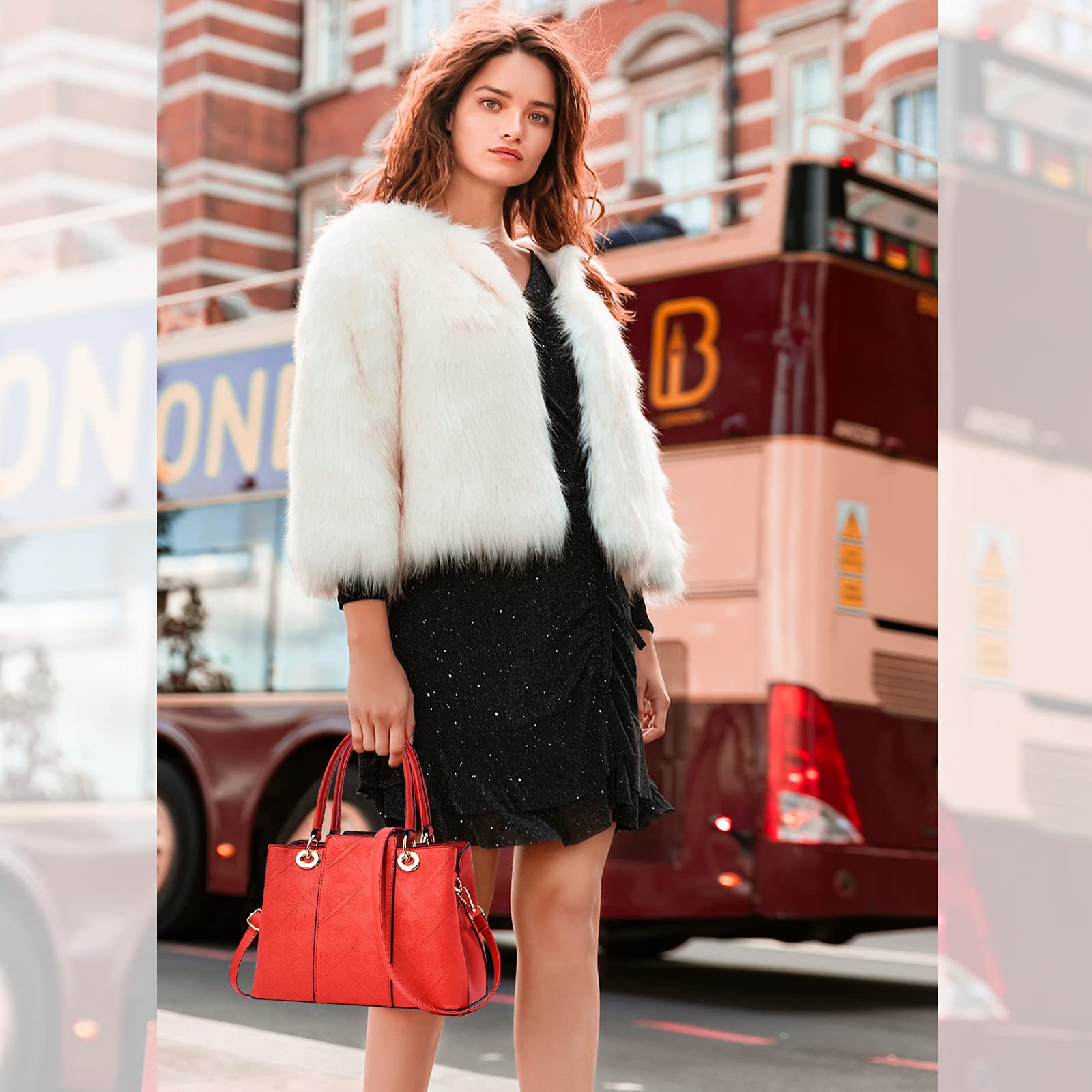 NICOLE & DORIS Women's Handbags Medium Size Top Handle Bag PU Leather New Shoulder Bag Cross Body Bags Ladies Work Tote Bag Purse Handbag Red