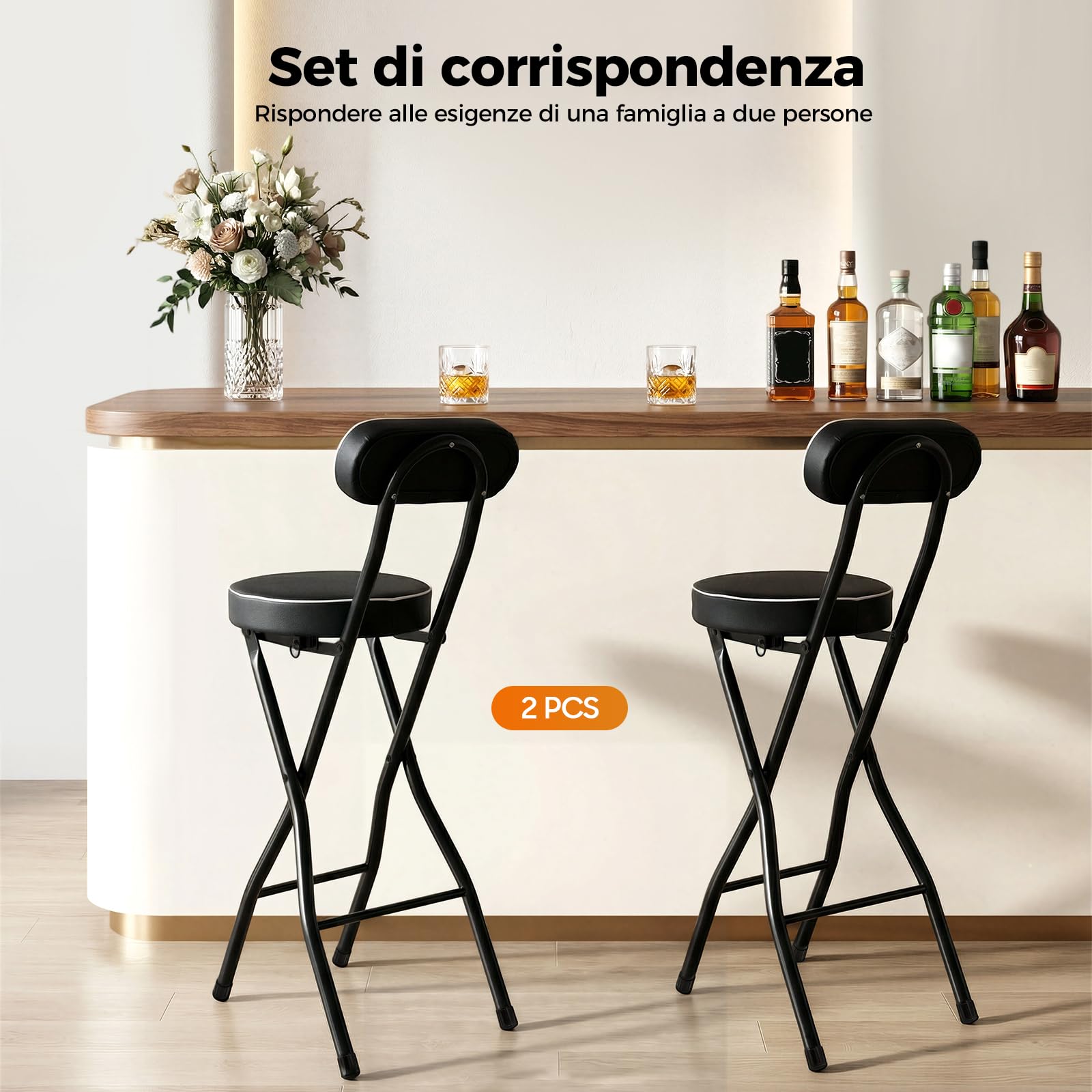 Set di 2 sgabelli da bar pieghevoli con schienale, altezza 65 cm, seggiolone, pieghevole, per bar e bancone, portata 125 kg (nero, 65 cm)