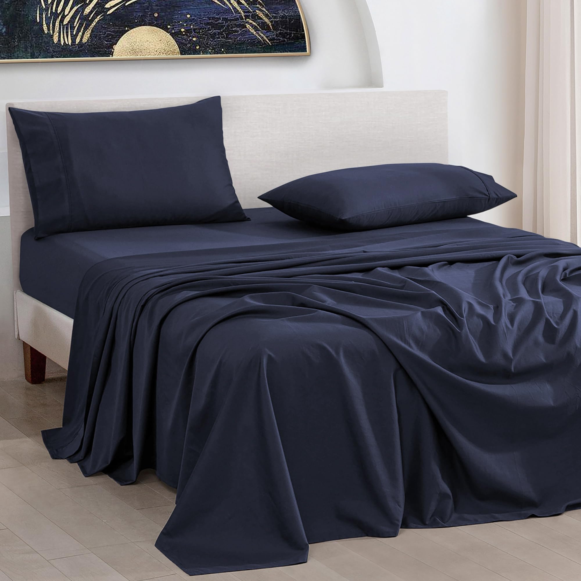 - URBANHUT 1000 Thread Count 100% Cotton King Size Sheets, Soft & Breathable 4 Piece Bedsheet Set, Luxury Hotel Sheets Sateen Weave, Better Than Egyptian, 16" Elasticized Deep Pocket - Navy Blue