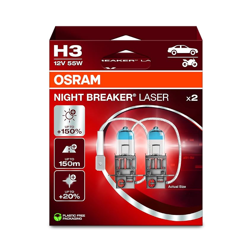 OSRAM NIGHT BREAKER LASER H3, +150% di luminosità in più, lampada alogena per fari, 64151NL-2HB, 12V, scatola pieghevole sospesa (2 lampade)