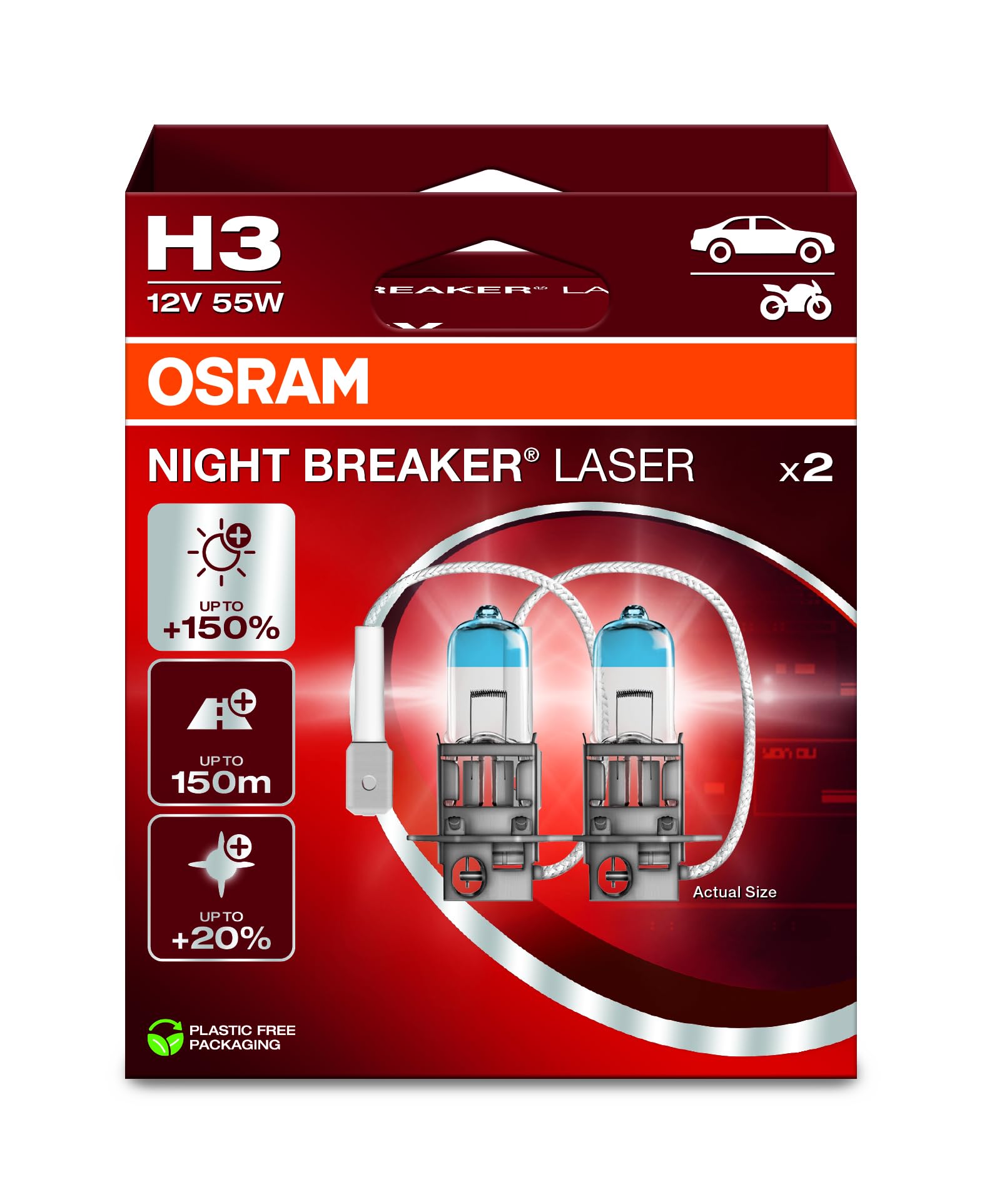 OSRAM NIGHT BREAKER LASER H3, +150% di luminosità in più, lampada alogena per fari, 64151NL-2HB, 12V, scatola pieghevole sospesa (2 lampade)