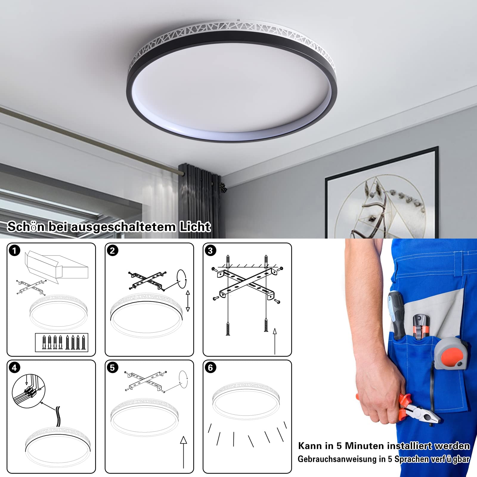 LED Deckenleuchte dimmbar mit Fernbedienung, 40W 40cm rund schwarz Aushöhlen Design „Vogelnest“ Deckenlampe Wohnzimmer, 4000lm 3000K-6000K, Schlafzimmerlampe mit Memory-Funktion, 4W Nachtlicht