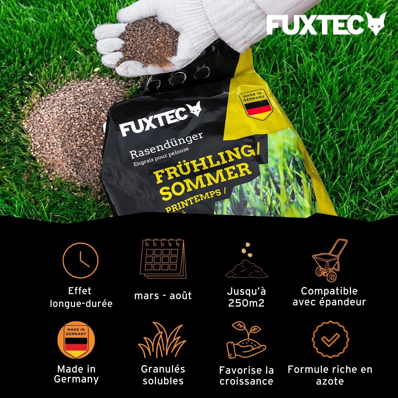 FUXTEC Engrais gazon printemps été FX-RDFS5 5 kg rendement 250m2 fertilisant pelouse organo-minéral NPK 12+3+5 azote à libération progressive magnésium et soufre granulés fins