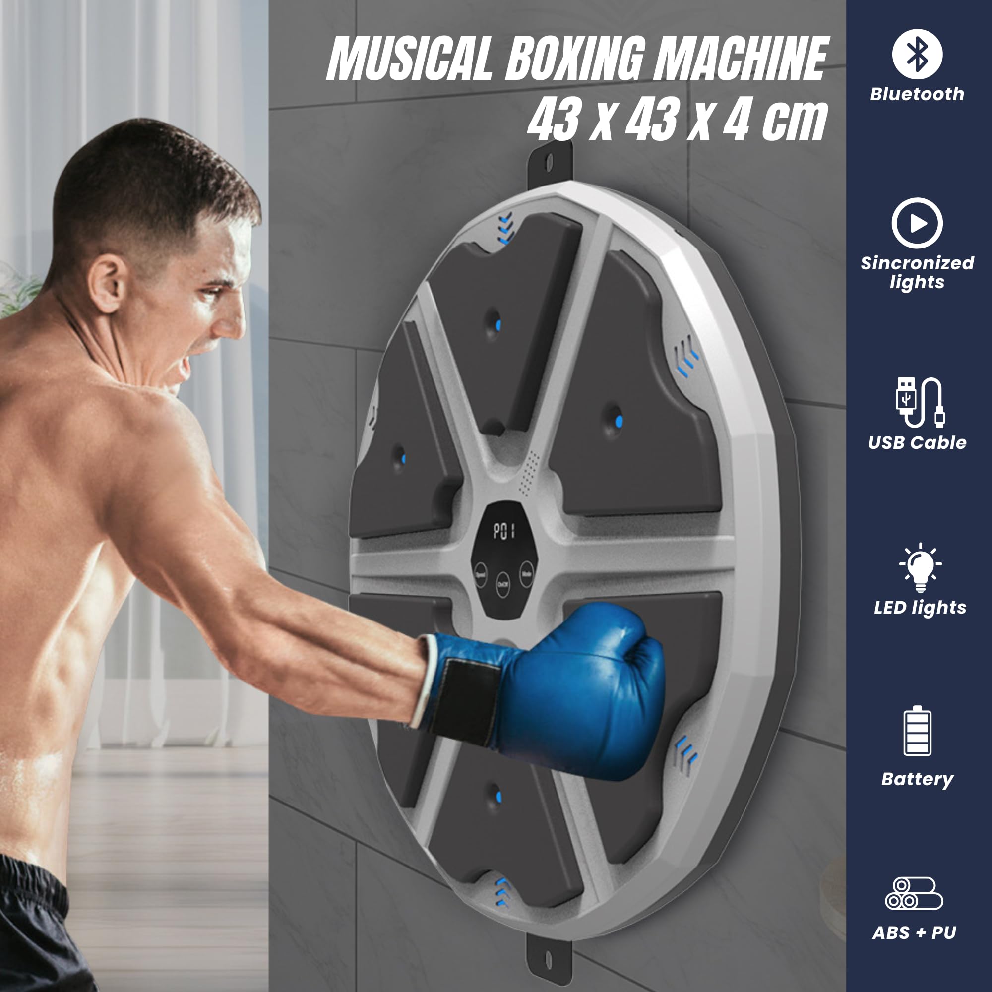 MAGIC SELECT Macchina da Boxe Musicale, Attrezzatura da Allenamento per Boxe a Parete in PU con Guantoni da Boxe, Pad da Boxe a LED, Bluetooth, Luci al Ritmo della Musica. (2 Mode, 43x43x4 cm)