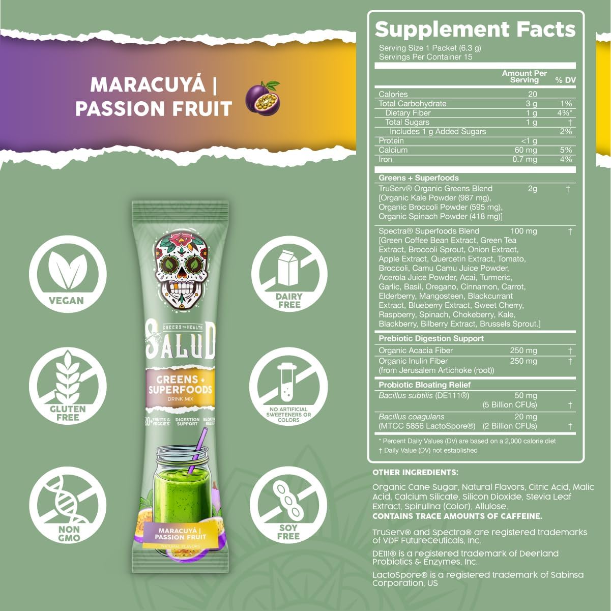 Salud 2-in-1 Greens Powder + Superfood Drink Mix Packets, 20+ Fruits and Veggies, Probiotics, Prebiotics, Supports Digestive Health, Bloating Relief, Vegan, Passion Fruit (15 Servings)