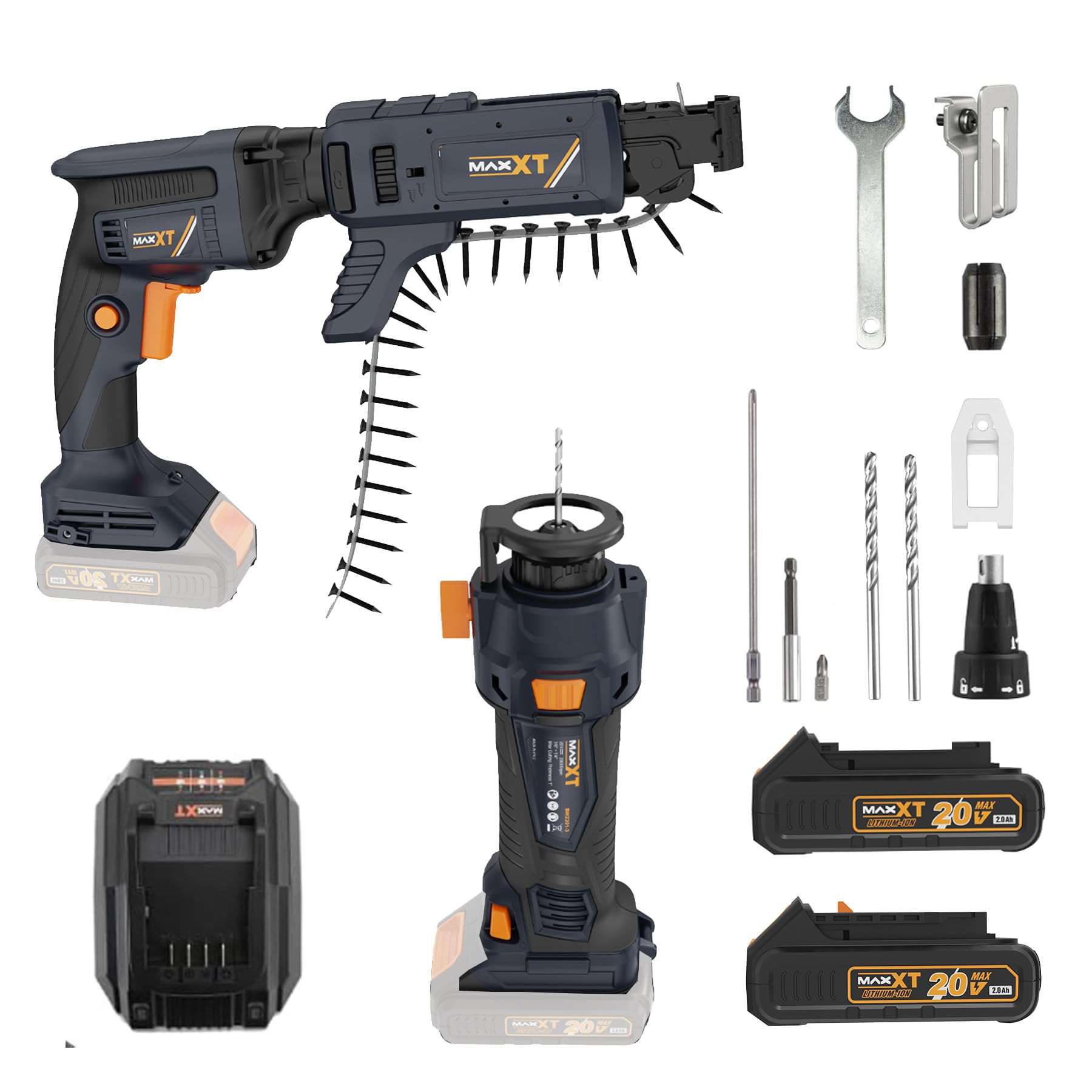 MAXXT Cordless 2-Tool Combo Kit?20V Brushless Drywall Screw Gun with Magazine and Cut Out Tool with (2) 2.0Ah Lithium Batteries and Fast Charger