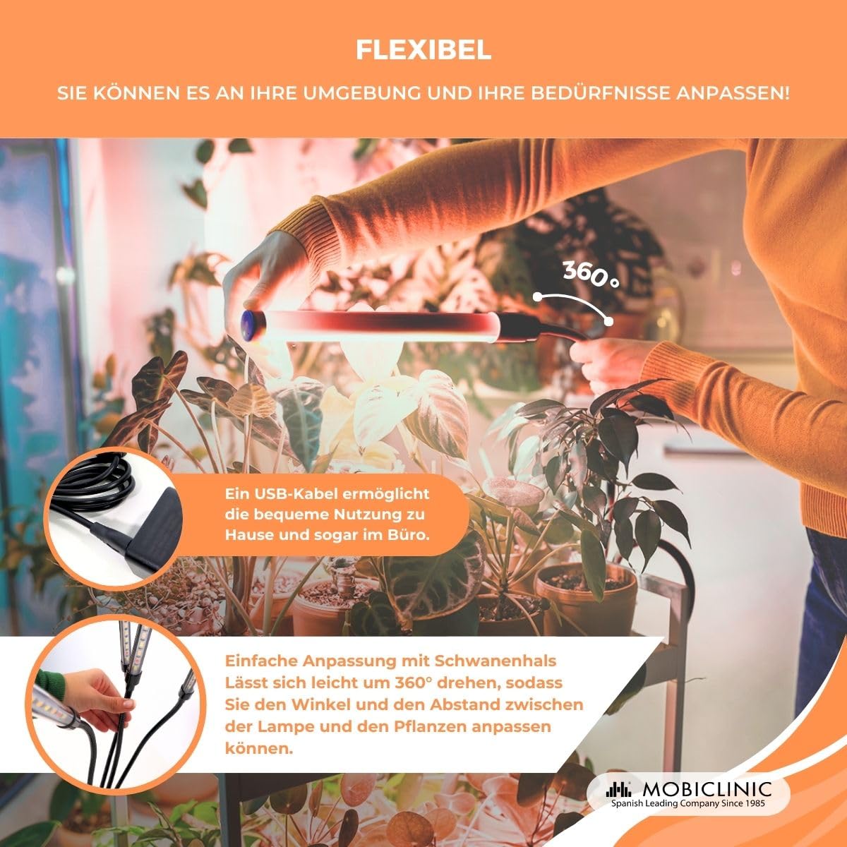 Mobiclinic®, Pflanzenlampe, Led, Growflex, 3 modi, 6000k, 10 helligkeitsstufen, Vollspektrum, Europäische marke, Timer, 360° rotation, 40w, Flexibel, Zimmerpflanzen, Usb, Grow lampe (4 köpfe)