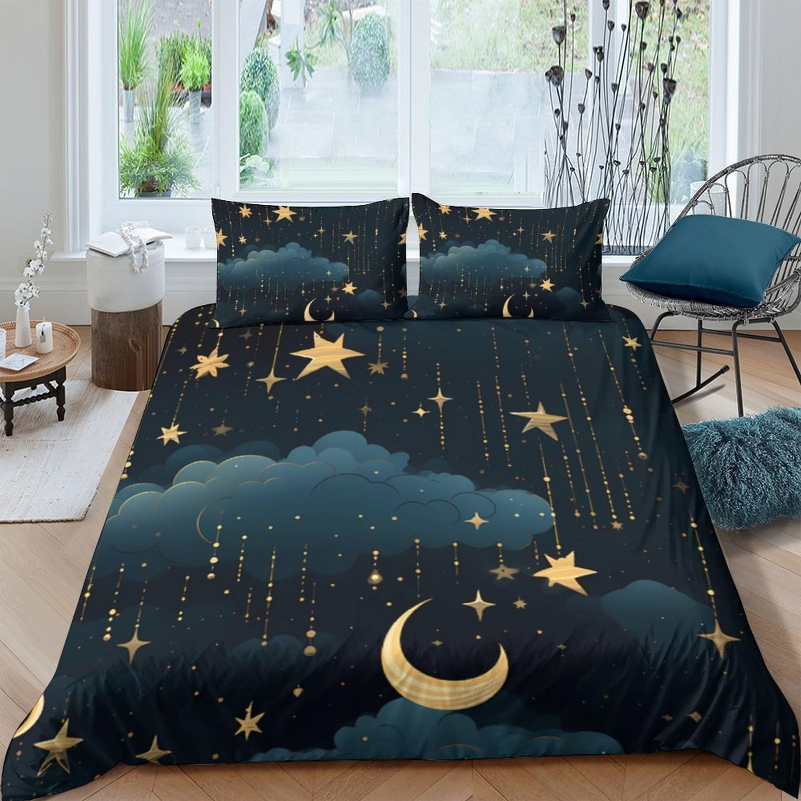 Ctjqhvkz Style-10 3D Printed Night Sky Fitted Sheet Microfiber Soft Gold Moon Star Mattress Cover For Bedroom Guestroom Decor Single（135X200cm）