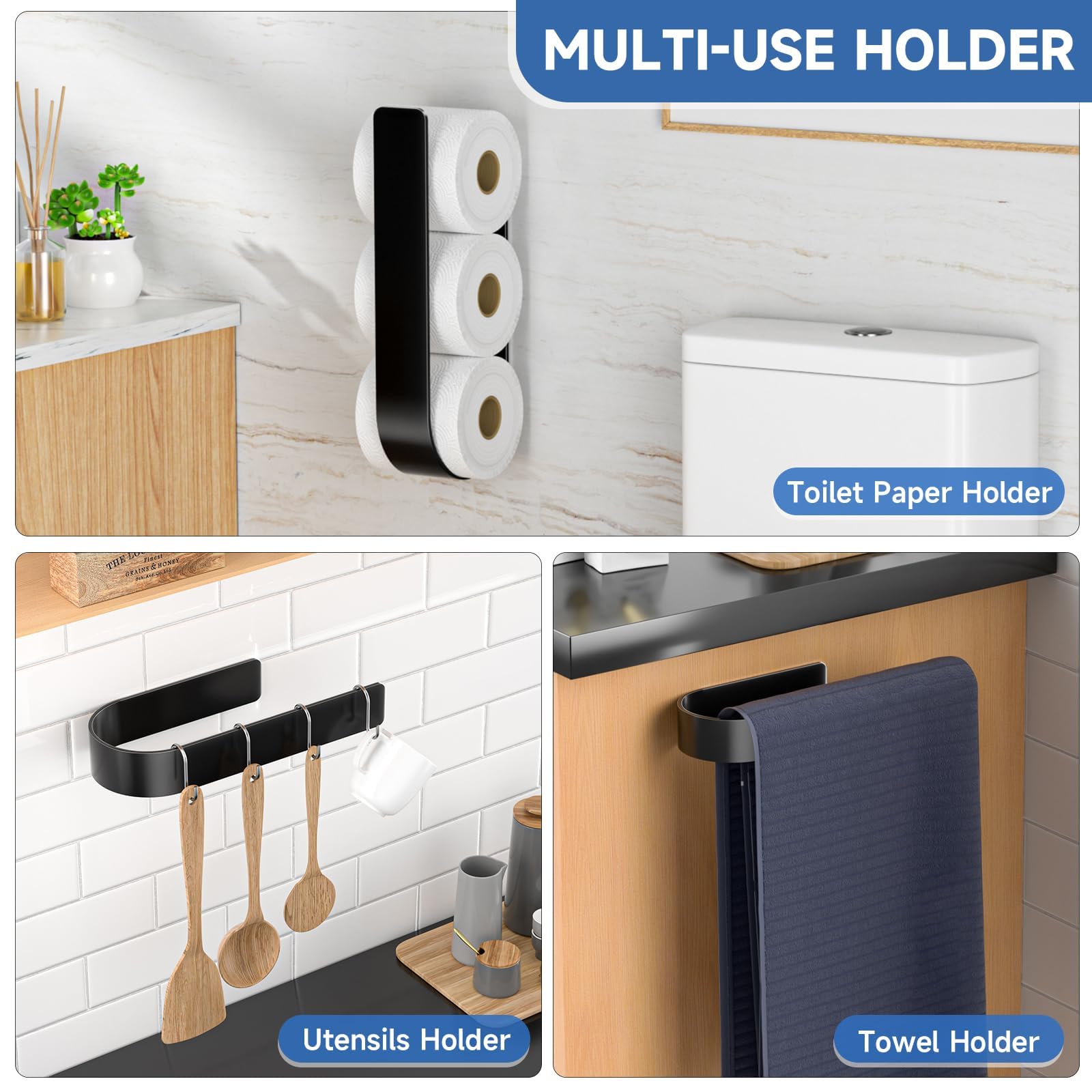 Soporte de pared para almacenamiento de papel higiénico, soporte de almacenamiento de papel higiénico adicional para 3 rollos, soporte de rollo de metal adhesivo para caravana, baño, negro 8