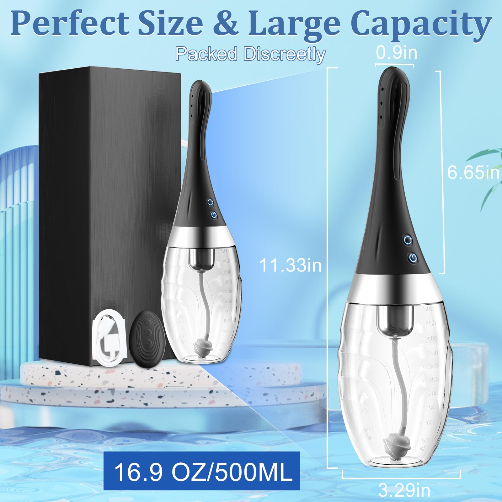 Enema Anal Douche for Men Women - Anti BackFlow Automatic Electric Enema Bulb Silicone Douche with 7 Nozzle 7 Rotating 3 Speeds for Colon Cleanse, Remote Control Feminine Care Shower Kit Bottle 16.9oz