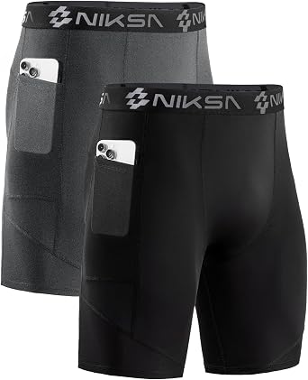 Niksa 1/2 Pack Mens Compression Shorts with Pocket, Performance Spandex Athletic Sports Workout Running Underwear Shorts