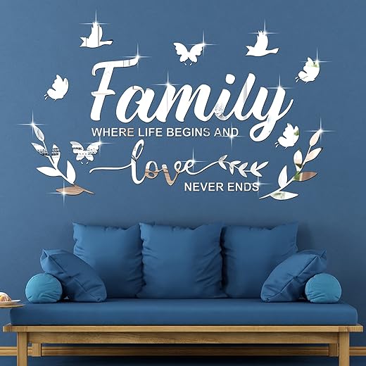 Zonon Mirror Family Wall Letter Quotes Decor 3D Acrylic Wall Decal Stickers DIY Removable Art Decals Motivational Butterfly Mural Stickers for Home Decor(Silver)