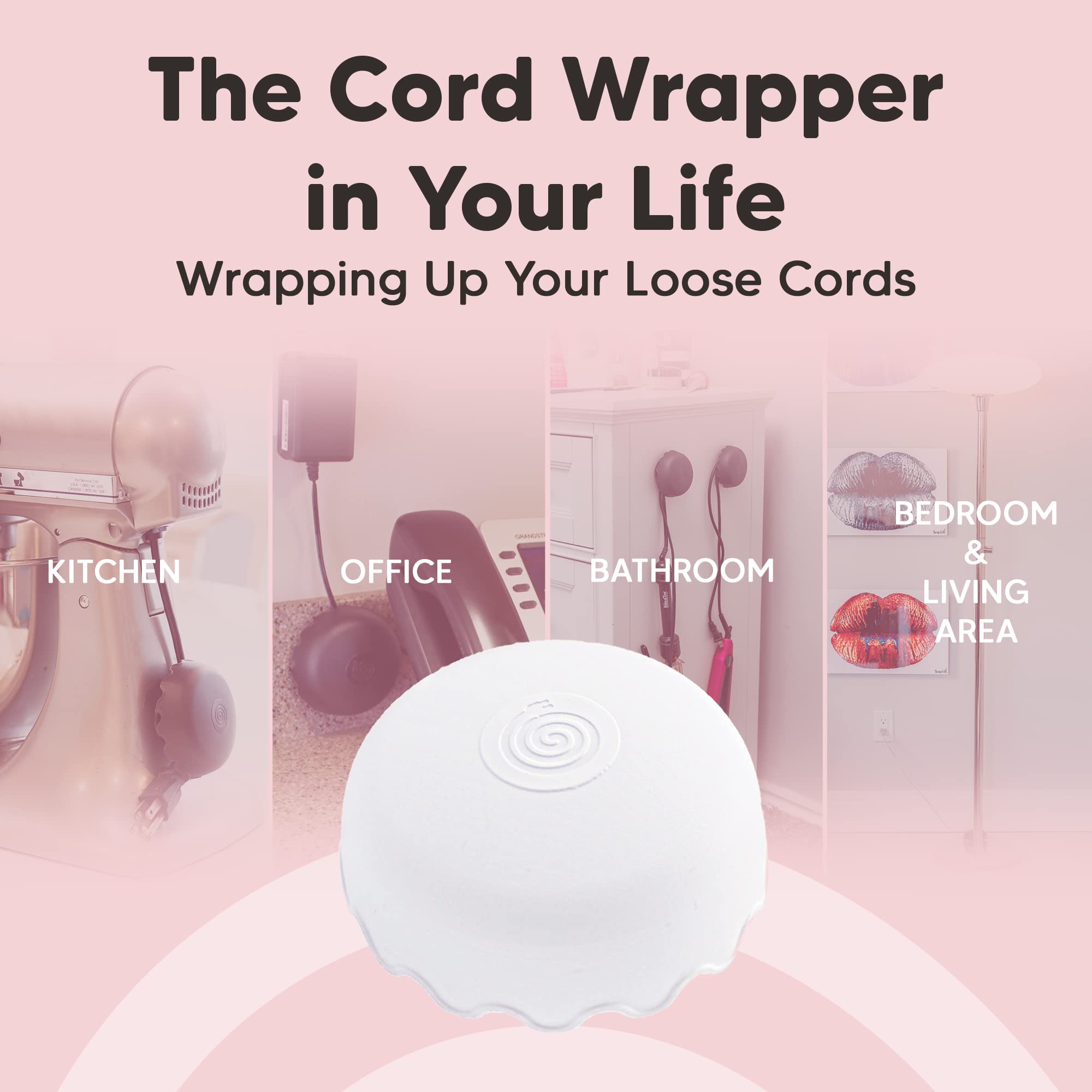 The Cord Wrapper Organizador de cables, soporte para cables, protector de cables, perfecto para la gestión de cables con aparatos de cocina, baños, salas de estar, oficinas y más (2, blanco)