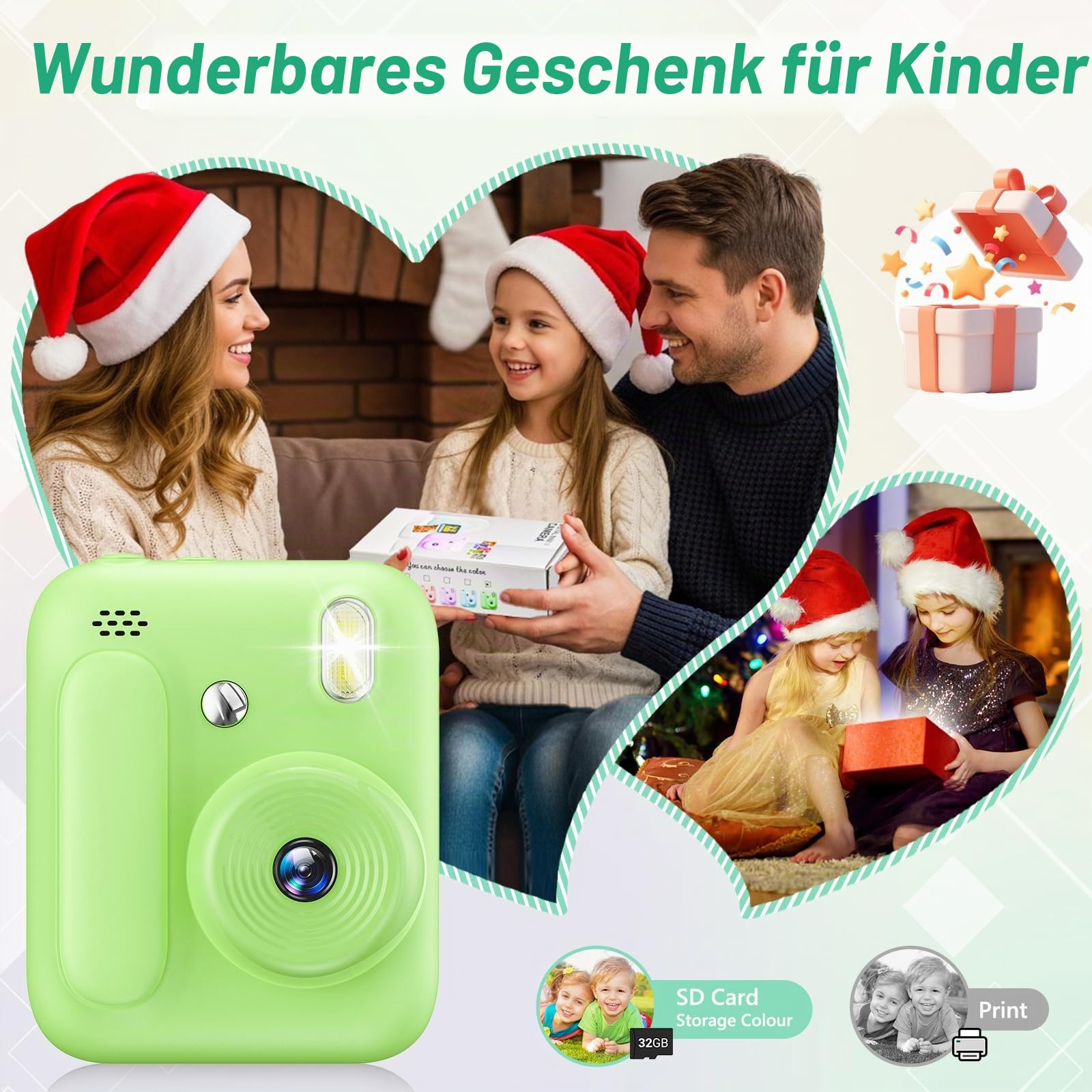 Sofortbildkamera für Kinder,1080P Kinderkamera mit 5 Rollen Druckpapier,32GB-Karte und Farbstiften,Tragbare Digitalkamera für Jungen und Mädchen,Geschenke für Kinder im Alter 3–14 Jahren (Grün)