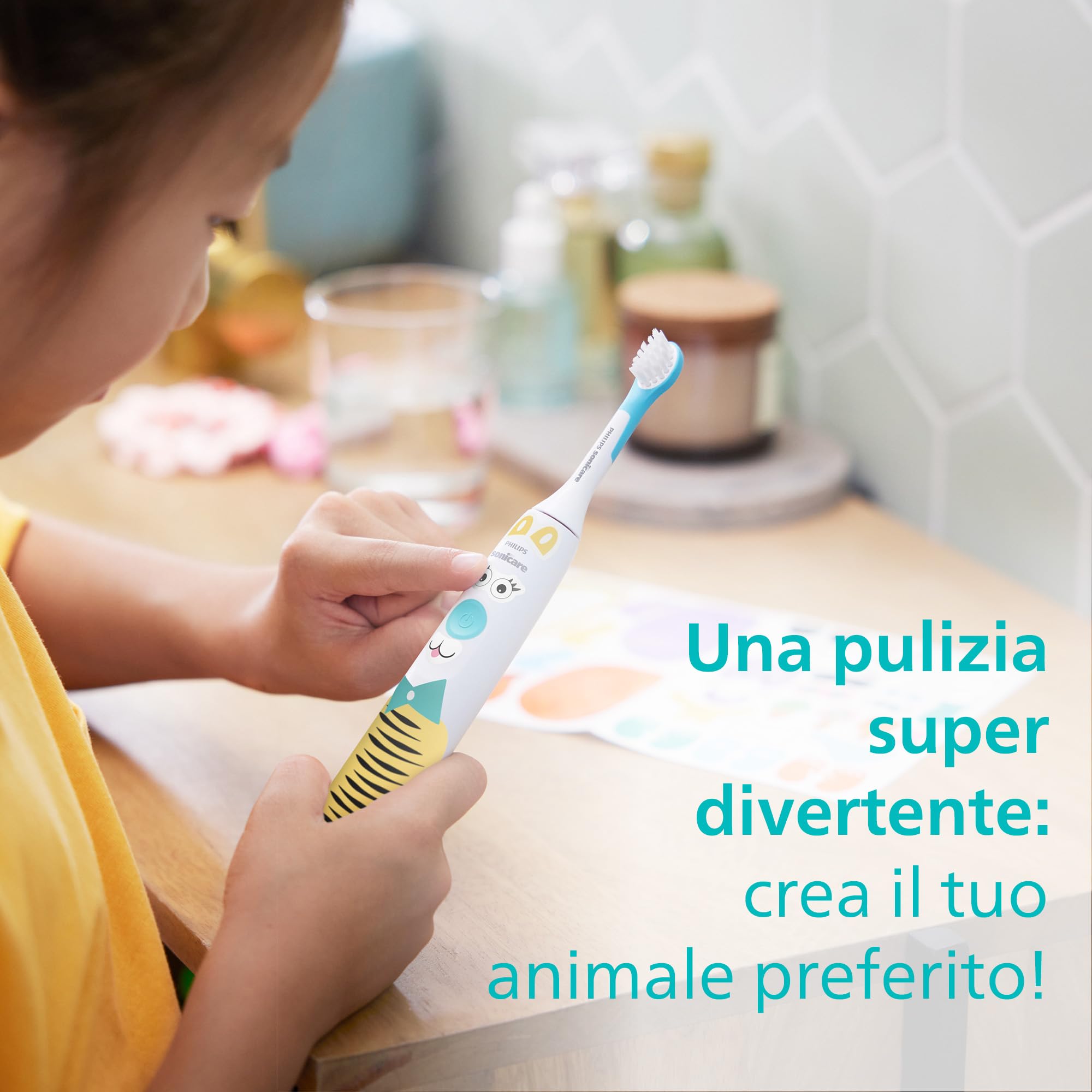Spazzolino elettrico Philips Sonicare for Kids - Spazzolino elettrico in edizione speciale Design a Pet con adesivi a tema per bambini, custodia da viaggio sottile e caricatore USB modello HX3603/01