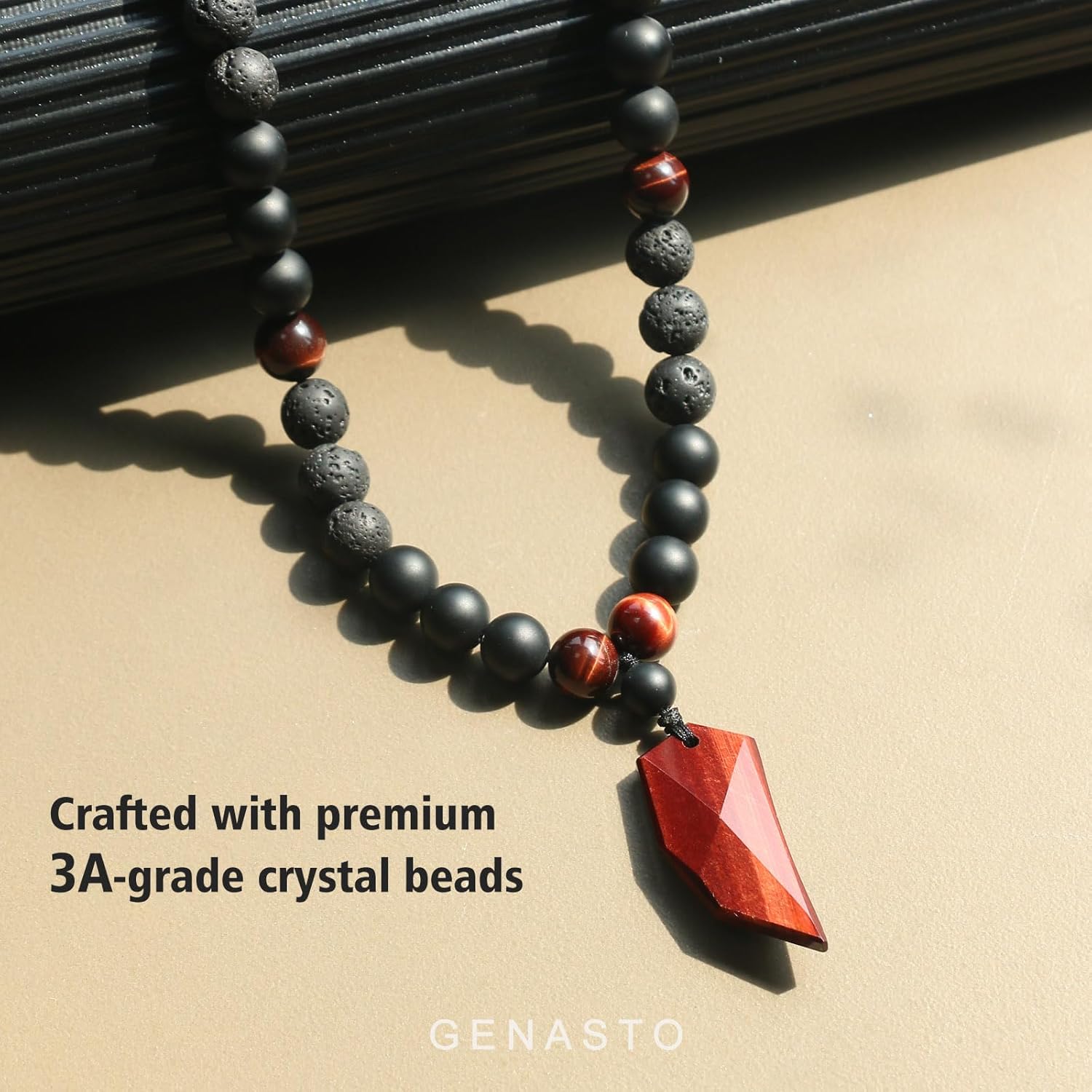 Triple Protection Bead Necklace for Men Healing Tiger Eye Crystal Onyx Lava Beads Necklace with Wolf Tooth Pendant, Natural Stone Essential Oil Diffuser Necklaces Stress Relief Gift for Men