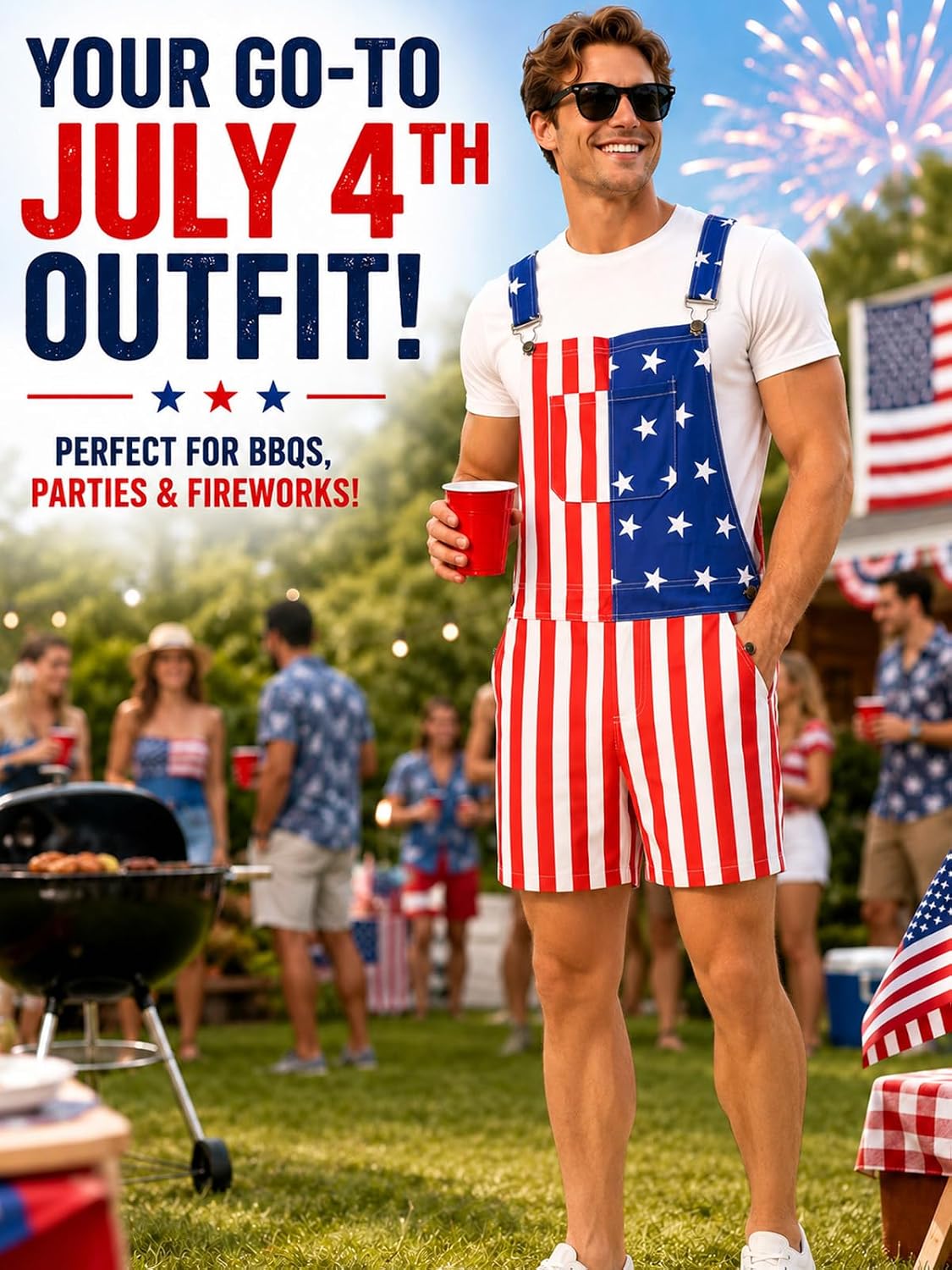 Men's American Flag Overall Shorts – 250th Anniversary Patriotic Bib Overalls for 4th of July
