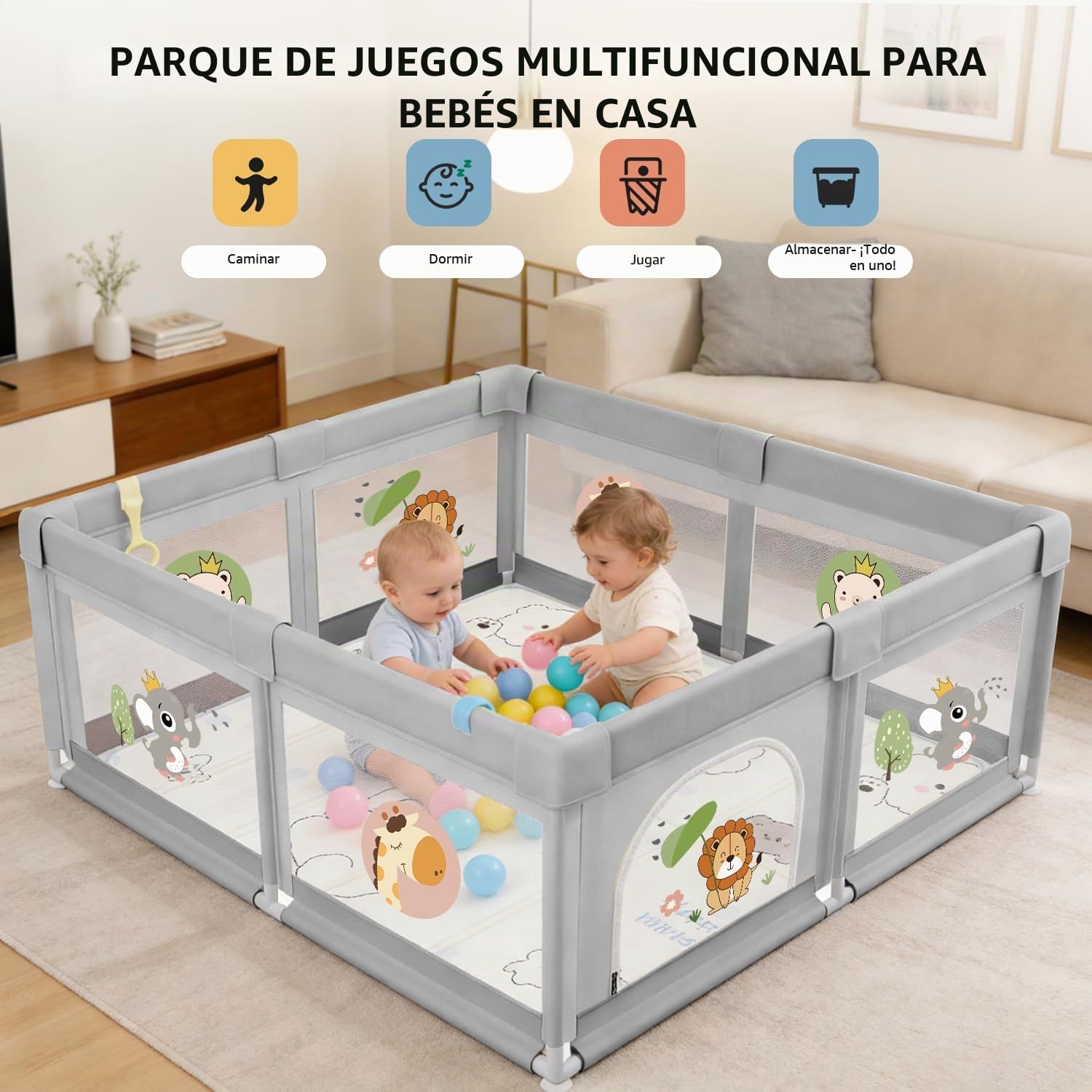 Parque Infantil Bebe 120x120 con Alfombra, Corralito Bebe con 360° Malla Transpirable+Tela Oxford+Base Antideslizante+60 bolas+ 4 agarraderas+Canasta de Juego+Bolsas de Transporte, León gris