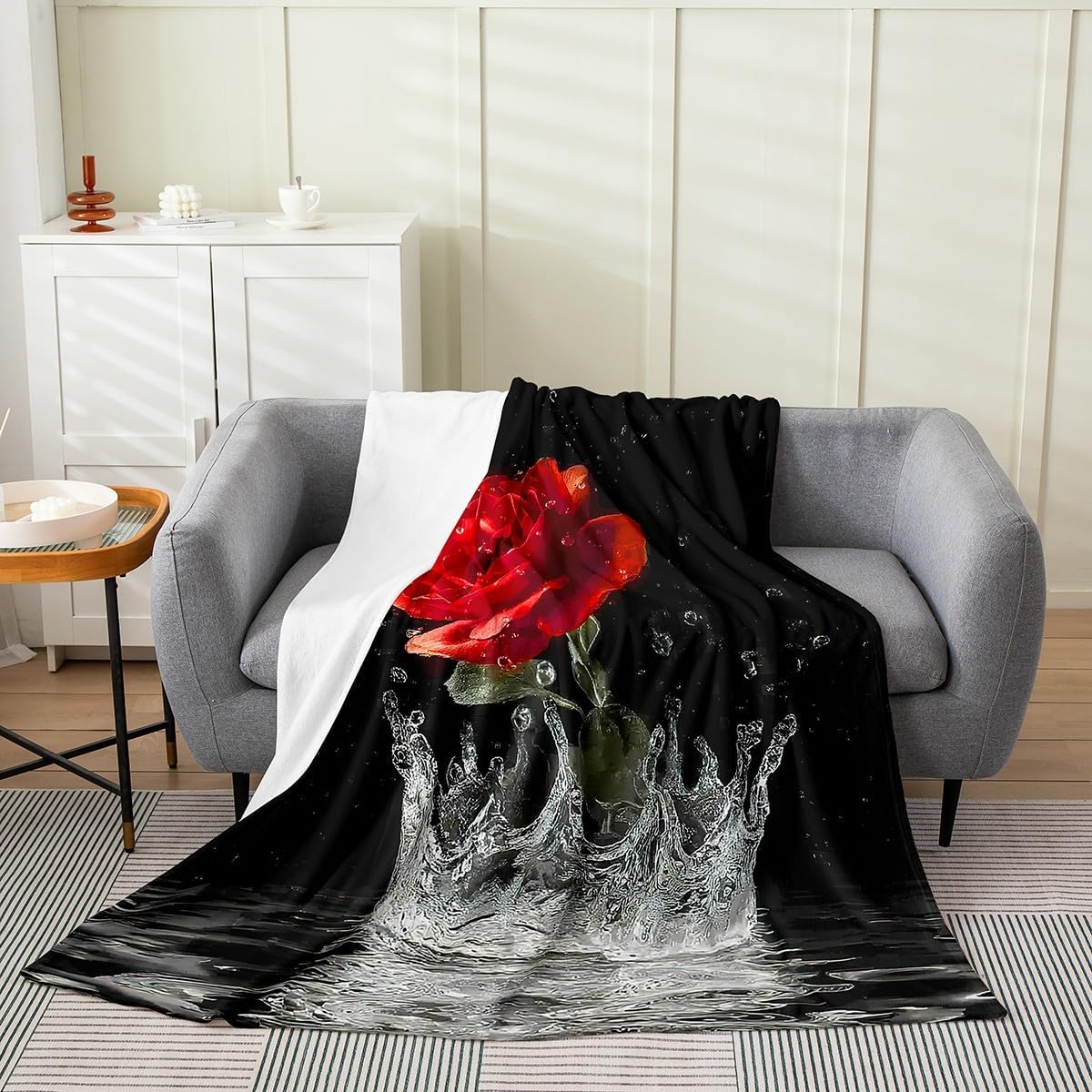 jejeloiu Rose Flannel Fleece Throw Blanket,Red Rose Floral Flower Bed Blanket Garden Flower Fuzzy Blanket for Bed Sofa Couch,Bedroom Decor Romantic Valentine's Day Plush Blanket Throw 50"x60"
