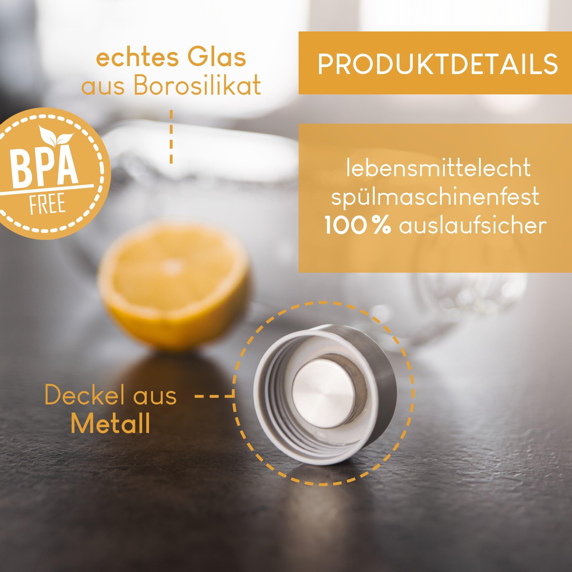 Smart-Planet Lot de 4 gourdes en verre de qualité supérieure - Bouteille en verre borosilicate - 1 l - Avec couvercle en métal aspect acier inoxydable - Pour le sport