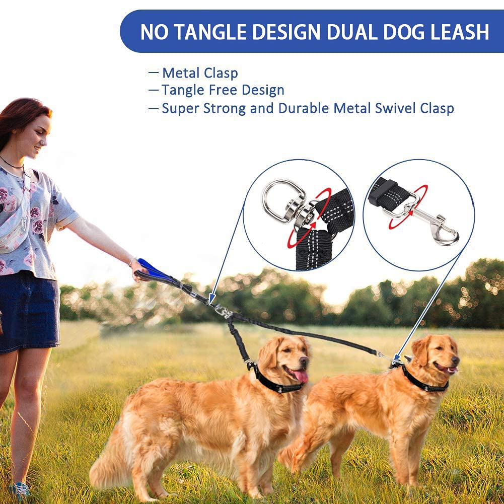 Double laisse pour chien, pas de nœuds, rotation à 360 °, 2 répartiteurs de laisse pour chien, très résistant, élastique, pour promener les chiots de petite, moyenne et grande taille (rouge)
