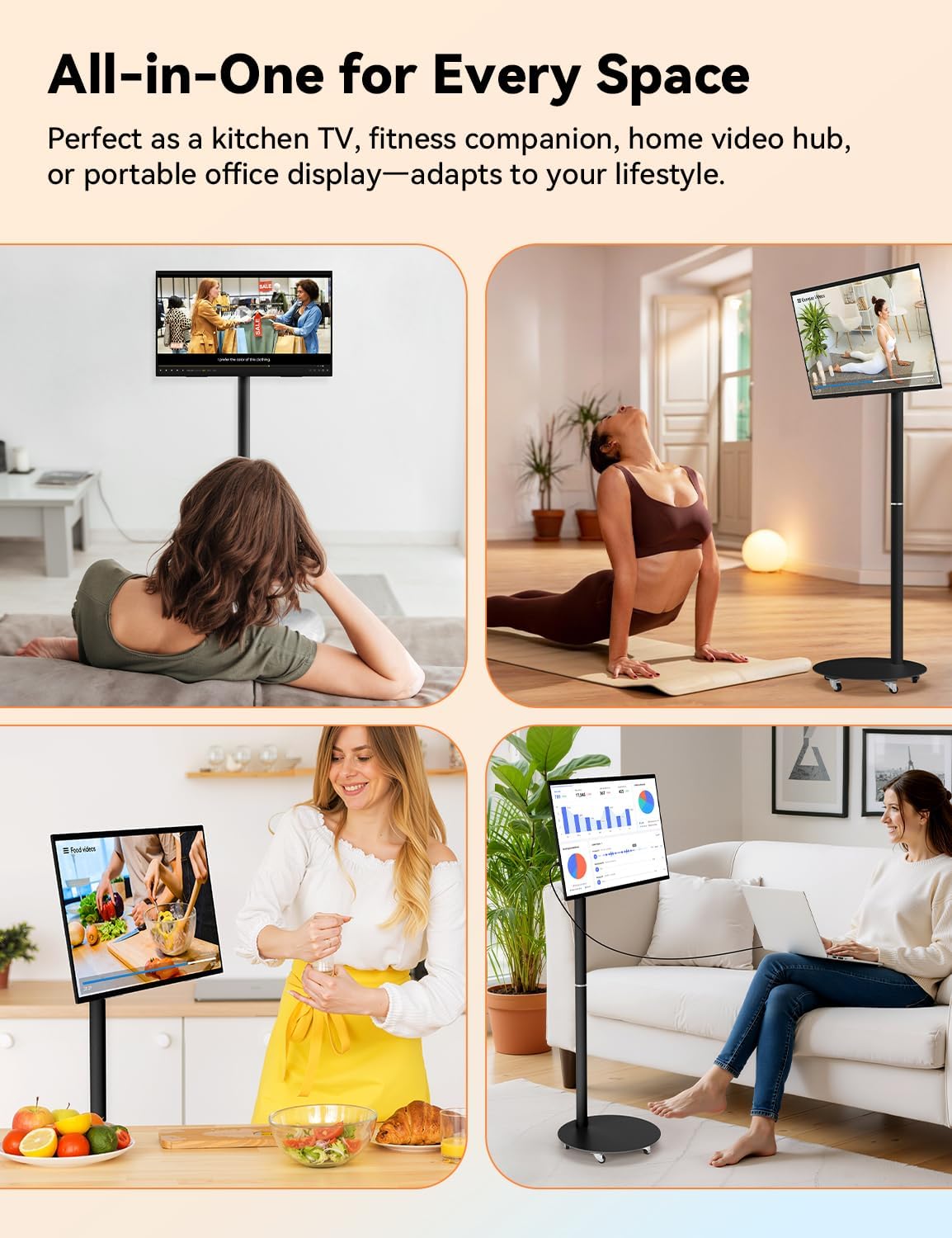 HotYeah 23.8-Inch Portable Smart TV, EDLA-Certified Smart Monitor with 1080P FHD IPS Display, 106% sRGB, 10000mAh Built-in Battery, Voice Control, 360° Wheels & Full Rotation (Black)