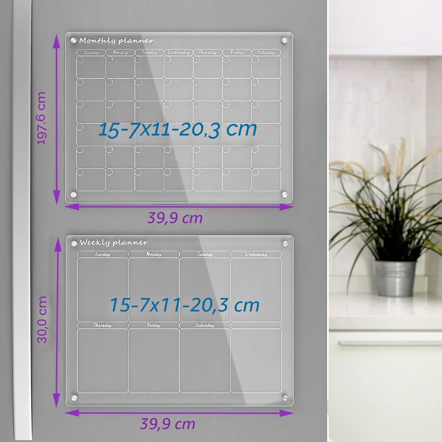 Lot de 2 Calendriers Magnétiques Frigo, Calendriers magnétiques effaçables pour le réfrigérateur, calendrier acrylique transparent, carte de planification mensuelle et hebdomadaire
