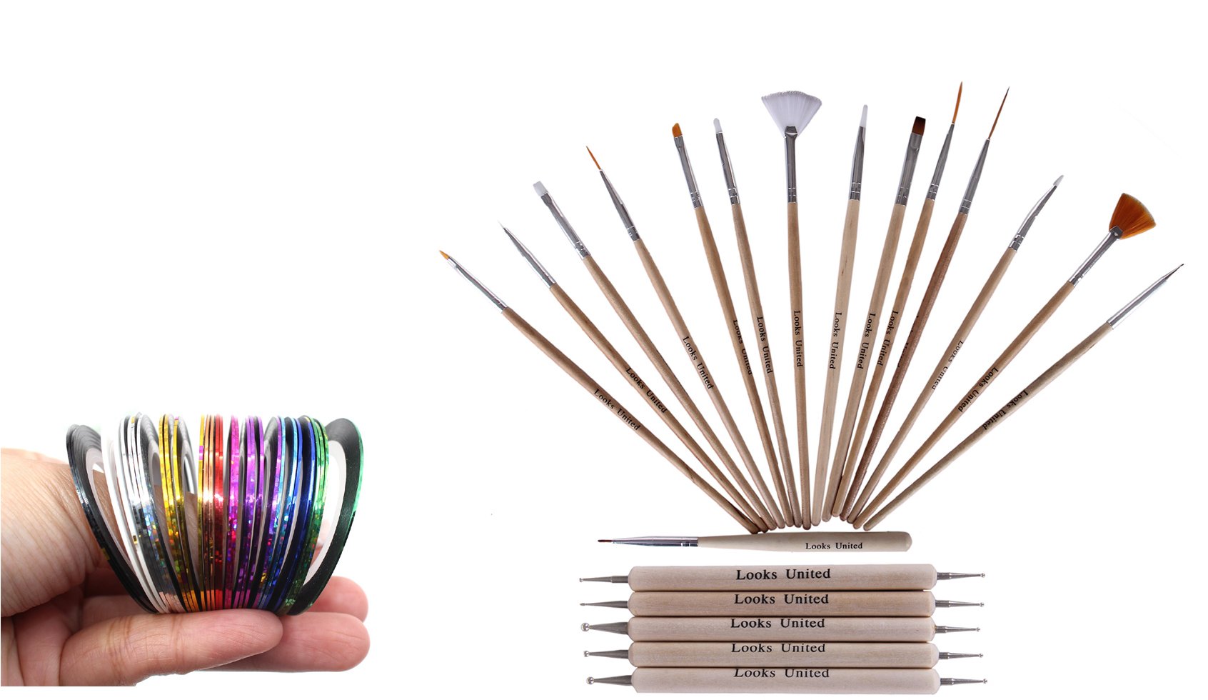 15 Wooden Nail Art Brush, 5 Two Way Dotting Tool, 11 Nail Art Striping Tape Rolls (Pack of 31)-image-11