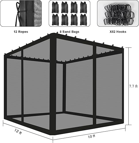 Miniatura 2 de Mosquitero universal de 10 x 12 pies con sacos de arena, 4 paneles de paredes de malla con cremalleras dobles para patio, jardín, patio, color negro