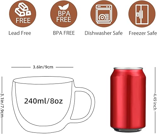 Miniatura 2 de CNGLASS Tazas de cristal de doble pared de 8.1 onzas, taza de café de vidrio aislado transparente con asa para expreso, café con leche, té, juego