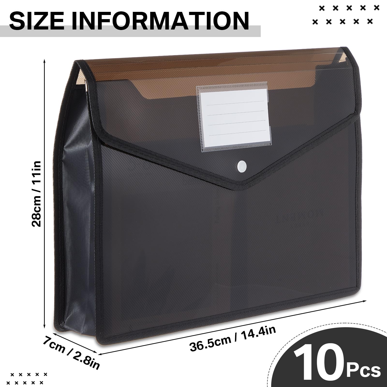 Dokumentenmappe aus Kunststoff, mit Schnappverschluss und Tasche, B4, wasserdicht, transparent, für Schule, Büro, Schwarz, horizontal, 10 Stück