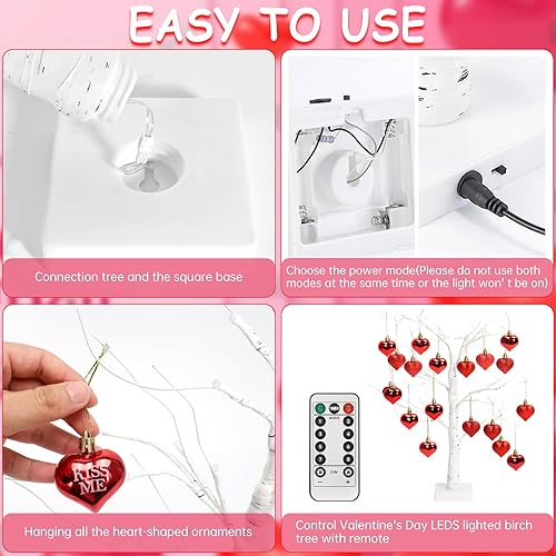 Miniatura 7 de Árbol de abedul con luz LED de San Valentín de 24 pulgadas con 18 adornos, luz LED blanca cálida, árbol artificial de mesa, 8 modos de iluminación,