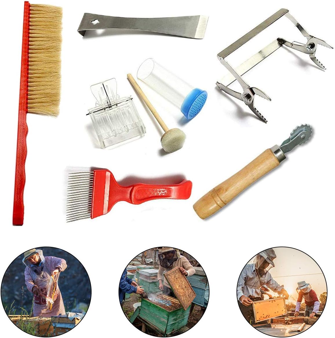 jiele 7 PCS Beekeeping Tool Kit Bee Brush Uncapping Fork Queen Catcher Spur wire Embedder Frame Holder Bee Hive Tool Beekeeping Equipment Pack Beekeeping Accessory