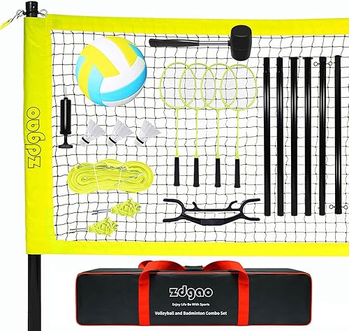 GS Juego de voleibol y bádminton para patio trasero y exterior con red de voleibol de fácil instalación 4 raquetas de bádminton Pro bolsa de