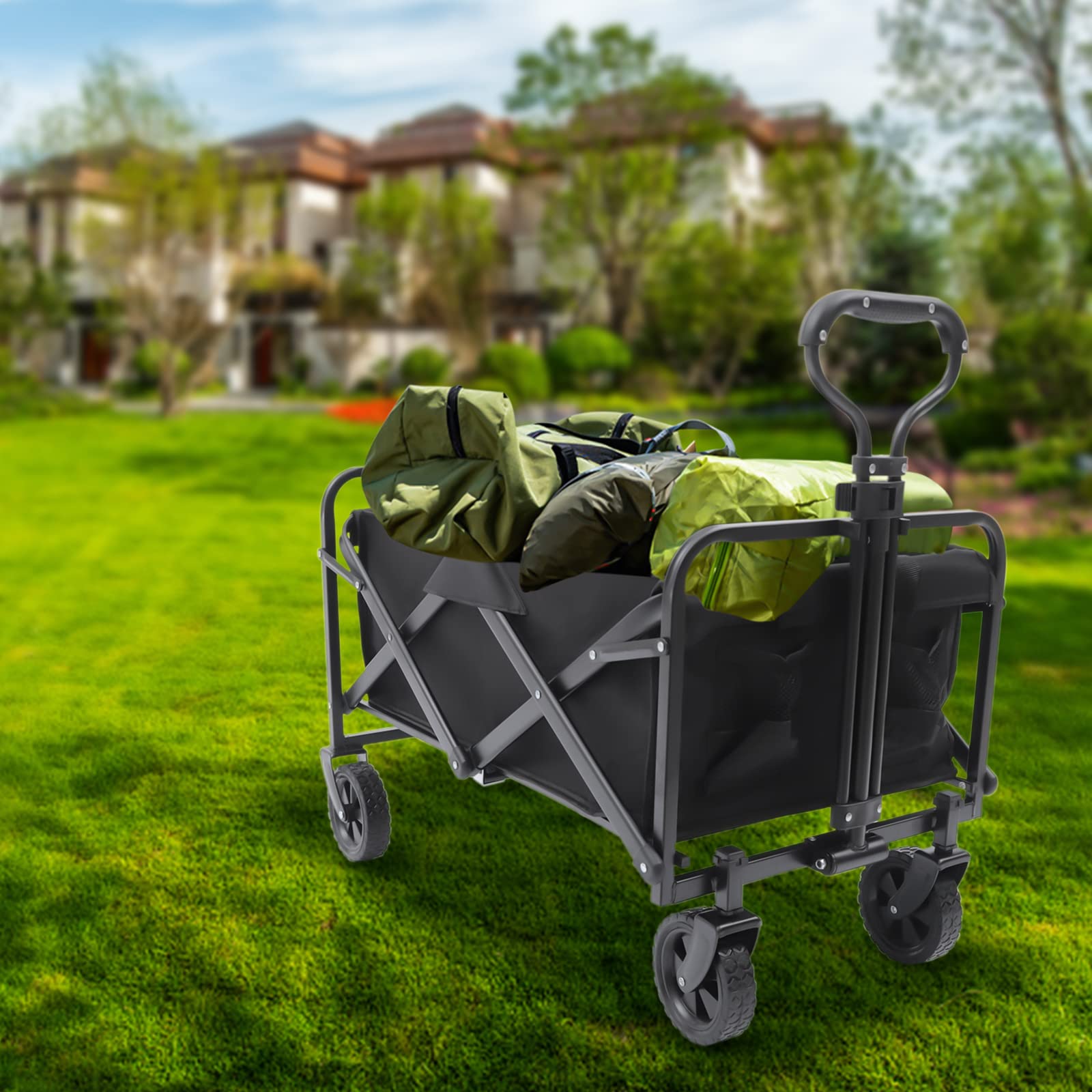 Faltbarer Handwagen - Klappbarer Bollerwagen für Garten, Strand und Camping - Outdoor Transportkarre mit Gummirädern - Verstellbarer Griff und 2 Getränkehalter - Bis zu 80kg Tragkraft