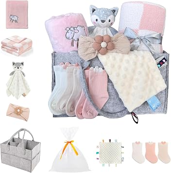 CREVENT Gift Set for Girls -Diaper Caddy Organizer Basket with 2 Blankets, 1 Taggie, 1 Lovey, 3 Socks,1 Headband,1 Gift Bag with Ribbon - Newborn Essential Baby Shower Pink