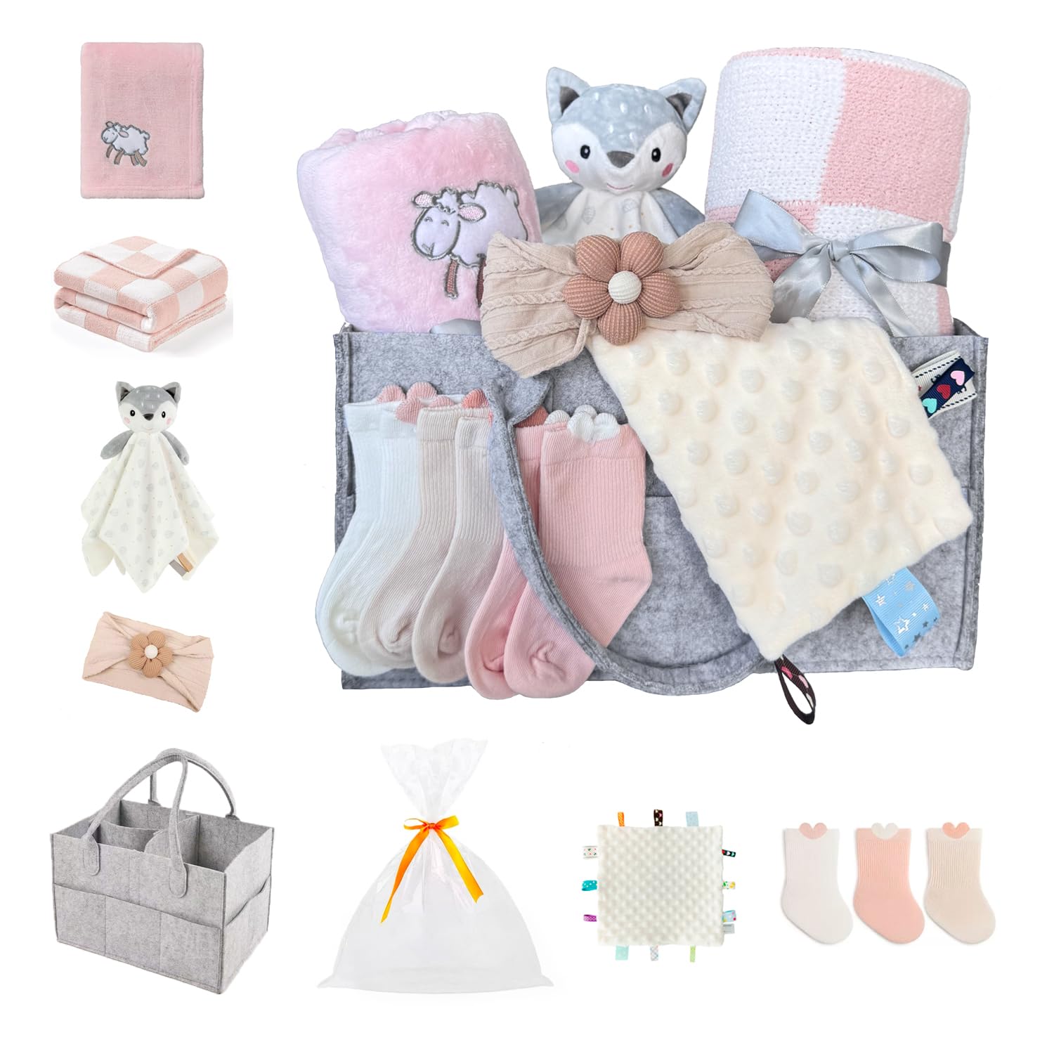 CREVENT Gift Set for Girls -Diaper Caddy Organizer Basket with 2 Blankets, 1 Taggie, 1 Lovey, 3 Socks，1 Headband，1 Gift Bag with Ribbon - Newborn Essential Baby Shower (Pink)