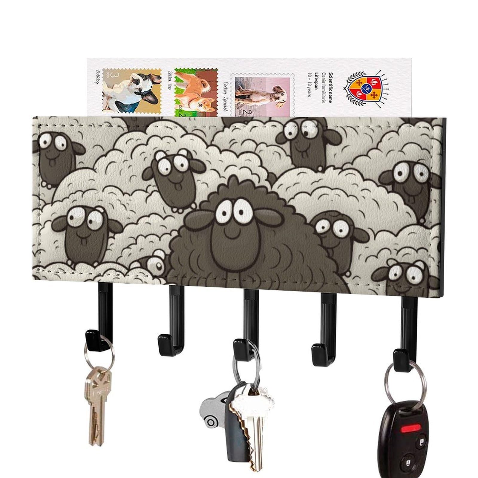 DWVTSLH Cartoon Black White Sheep Key Holder for Wall, Decorative Key Hooks with Mail Organizer & 5 Hooks, Self Adhesive Leather Key Hanger for Entryway, Wall Mounted Key Rack (7.1” X 4.3” X 0.9”)