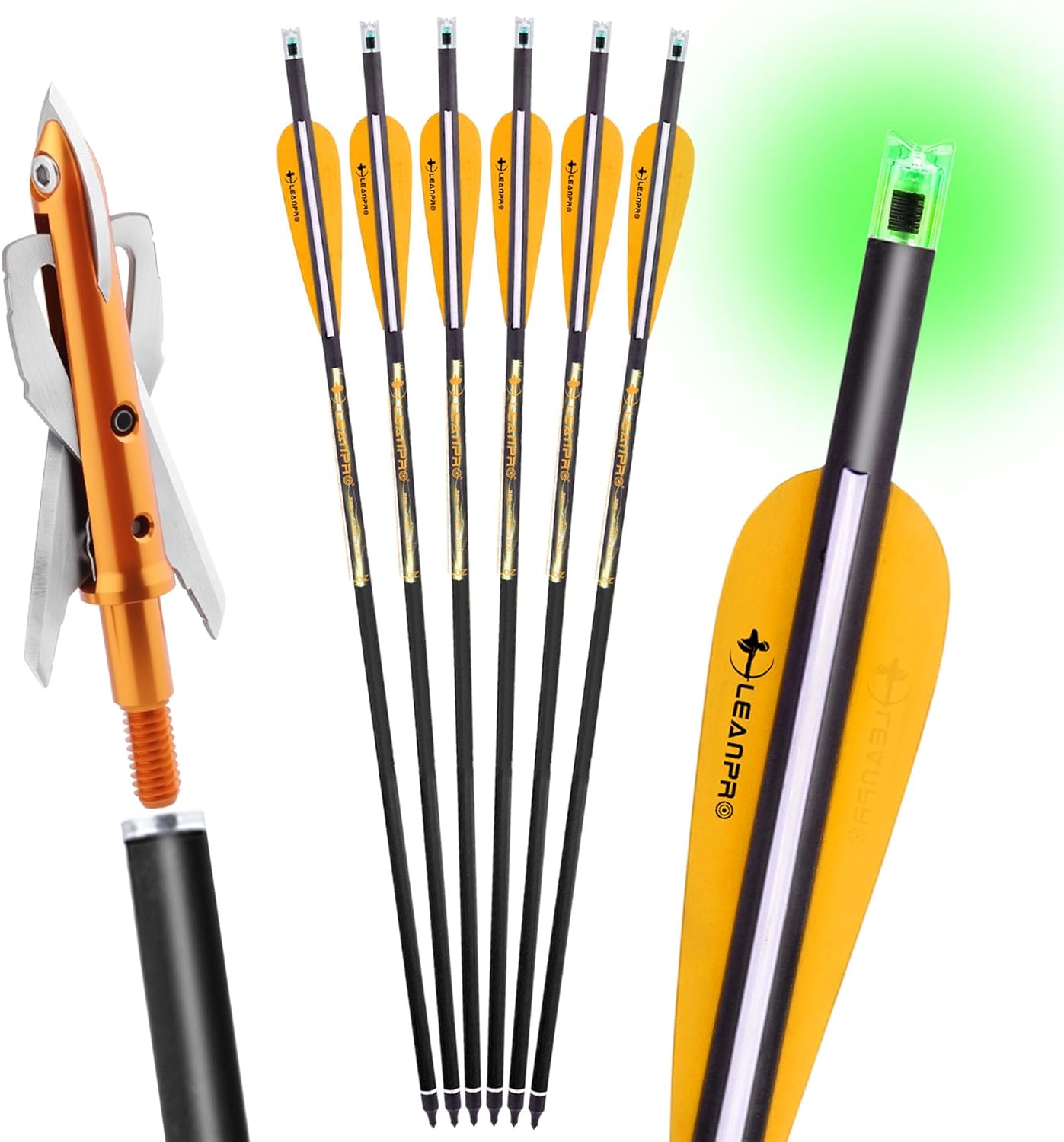 20 inch Carbon Crossbow Bolt Hunting Arrows with 100 Grain 2 Blade Mechanical Broadhead and 7.62mm Lighted Nocks (Orange)