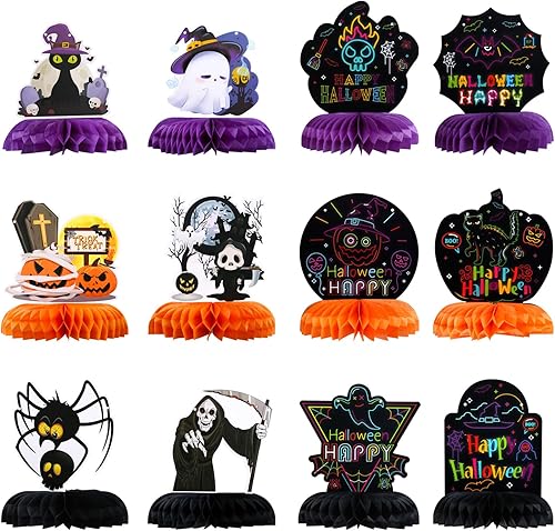 LIHAO Centros de mesa luminosos de panal de abeja de Halloween, 12 piezas para fiestas, decoraciones de Halloween, fantasma, calabaza, calavera,