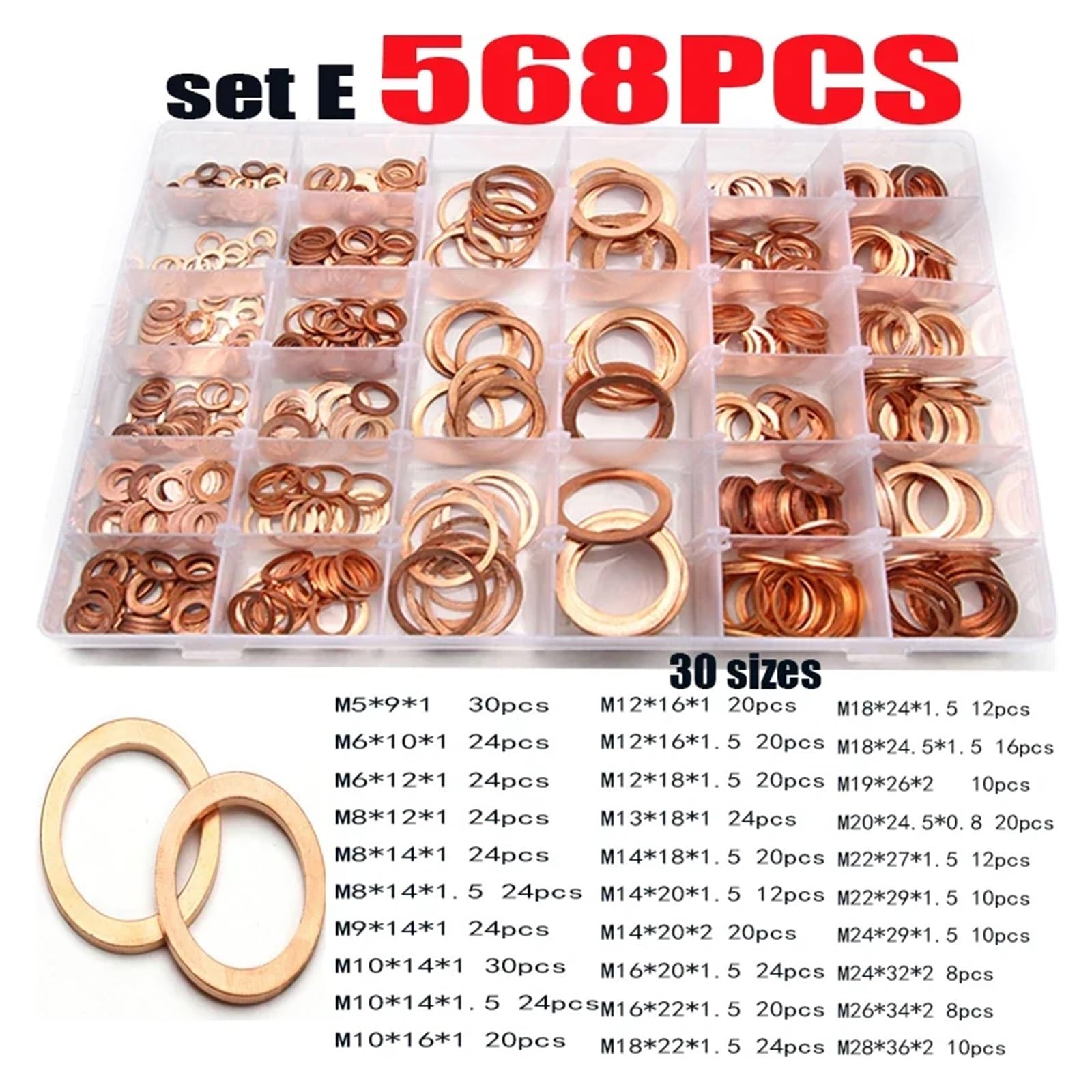 Juego de juntas de arandela de cobre con anillo tórico de 100/200/250/300/568 piezas, M4-M28, anillo de sello plano for barco, anillo de sello plano, tapón de cárter, juntas de aceite(568PCS M5-M28)