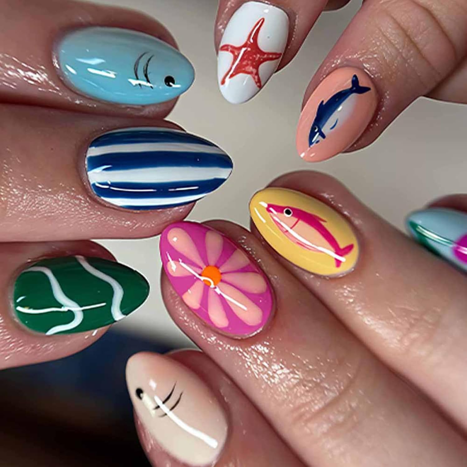 Summer Press on Nails Medium Oval Fake Nails Beach Glue on Nail with Designs Star | Polka Dot | Striped | Cute Fish, Reusable False Nail Full Cover Stick on Nails for Women Manicure 24Pcs