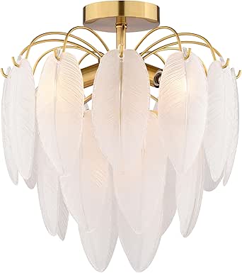 VAXCEL Burbank 4-Light 13.5 in. Wide Gold Brass Waterfall Semi Flush Mount Lighting Fixture, White Frosted Leaf Glass Shade, Dimmable LED Compatible for Low Ceilings, Bedroom, Hallway, Kitchen