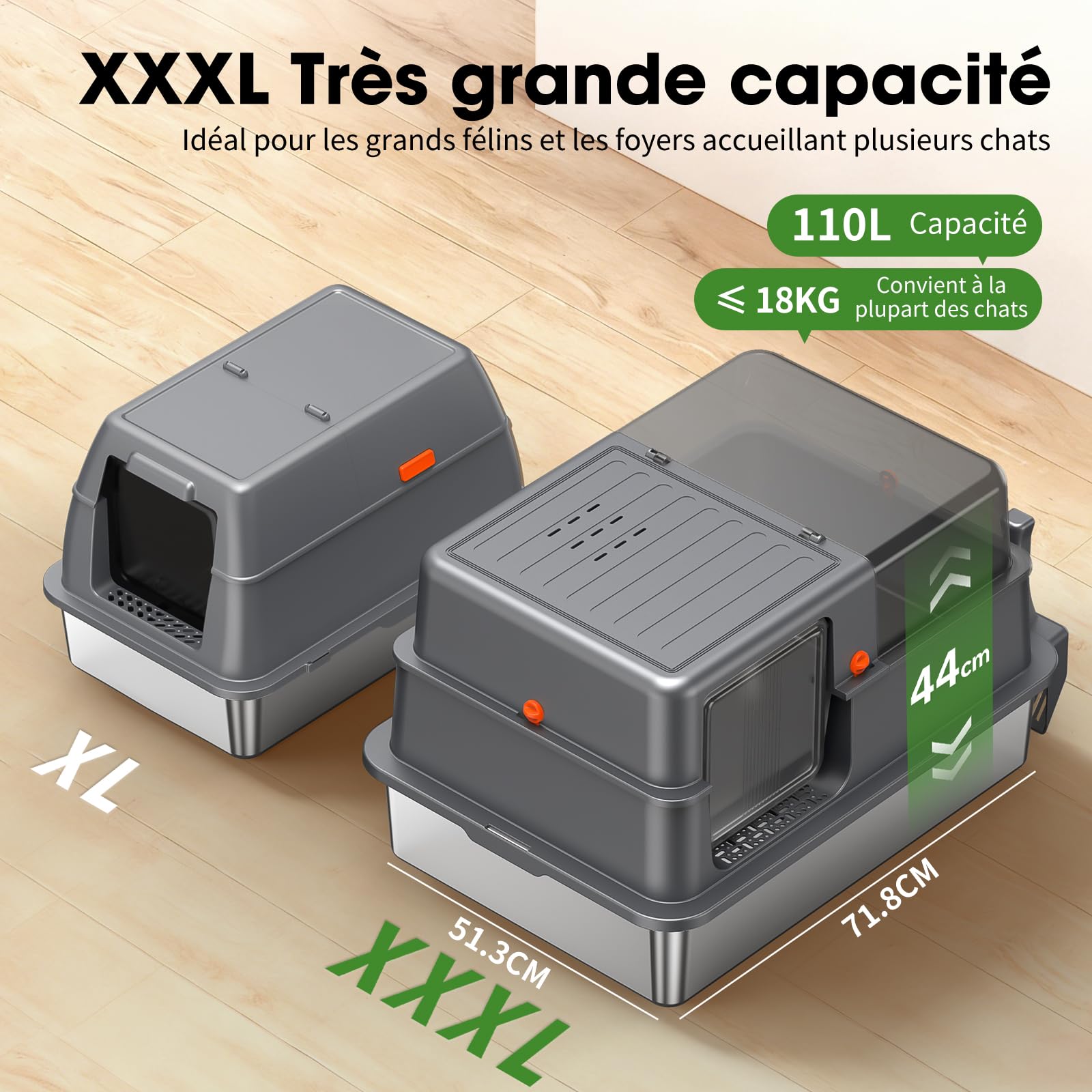 Bac à Litière INOX XXXL – Grand Bac Ouvert pour Chat, Gris foncé | Bords Hauts Anti-Fuite, Panneaux Semi-Transparents, Cuve Profonde Amovible, Surface Antiadhésive, Nettoyage Facile
