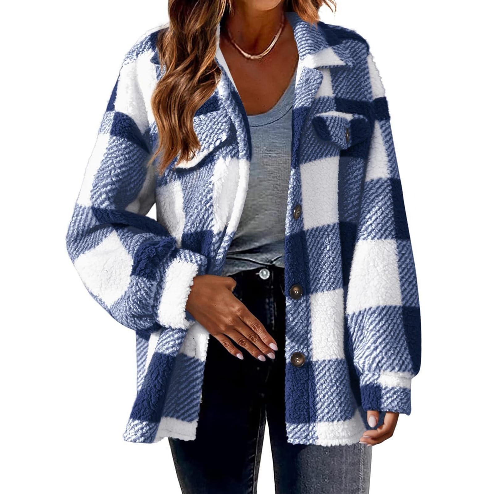 Generisch Daunenjacken Damen Übergröße Casual Color Block Plüsch Fleecejacke Button Down Loose Bluse Warmer Mantel