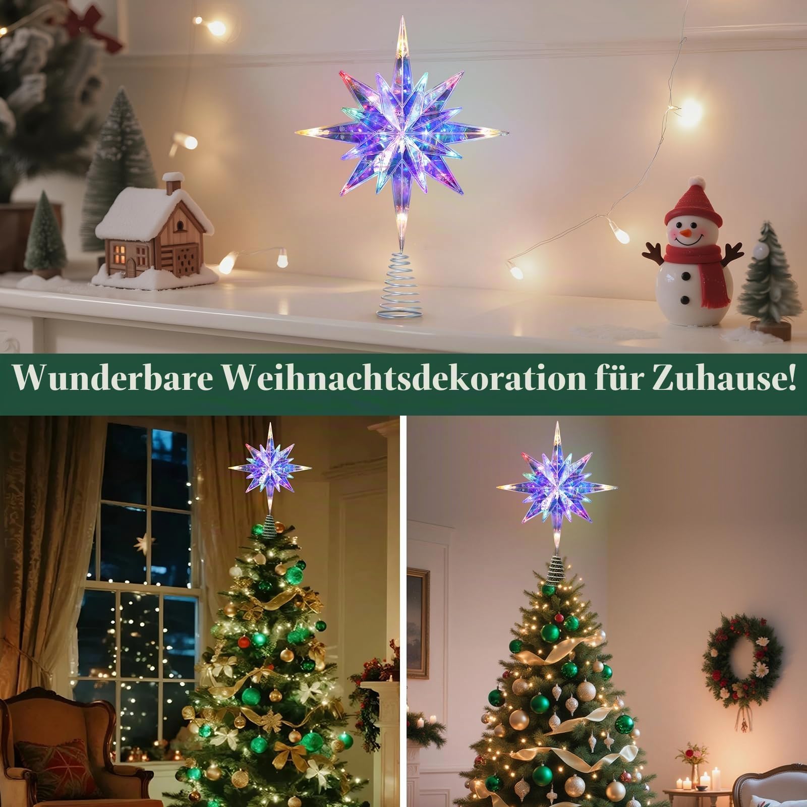 Lewondr Weihnachtsstern Baumspitze, 15,35" 20 LED Baumspitze, Fernbedienung Und USB-Betriebene Bethlehem Polaris Baumspitze Für Zuhause, 6-Stunden-Timer 8 Modi Weihnachtsdekoration, Farbiges Licht